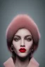 Placeholder: Minimalistic portrait of a beautiful woman with red lips and cold big eyes wearing earrings, a light pink fur coat in a haute couture style isolated on a dark background, cinematic lighting, ultra-realistic, shot in the style of hasselblad