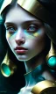 Placeholder: young girl, cute, beautiful, long curly hair, black hair, light green skin, flat nose, black eyes, big eyes, turquoise dress, head and shoulders portrait, 8k resolution concept art portrait by Greg Rutkowski, Artgerm, WLOP, Alphonse Mucha dynamic lighting hyperdetailed intricately detailed, avatar pandora