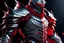 Placeholder: silver and red knight armor with glowing red eyes, and a ghostly red flowing cape, crimson trim flows throughout the armor, the helmet is fully covering the face, black and red spikes erupt from the shoulder pads, crimson hair coming out the helmet, spikes erupting from the shoulder pads and gauntlets