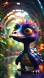 Placeholder: Psychedelic fire breathing space ostrich turtle dragon with friendly cute face and hair like a rocker, in dark lit reflective wet jungle metallic hall dome hotel tunnel, in the style of a game,bokeh like f/0.8, tilt-shift lens 8k, high detail, smooth render, down-light, unreal engine, prize winning