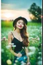 Placeholder: Young woman in flower field in the evening