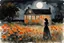 Placeholder: Night, one woman, orange flowers, gothic horror movies influence, distant house, epic, winslow homer watercolor paintings