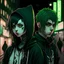 Placeholder: anime guy with short hair and green eyes wearing a black hoodie with face tattoos in shibuya at night with a goth anime woman with lip piercings