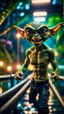 Placeholder: selfie by pimp rocker alien giant gremlin on bridge over water slide dancing in dark lit reflective wet jungle hall tunnel,bokeh like f/0.8, tilt-shift lens 8k, high detail, smooth render, down-light, unreal engine, prize winning