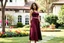 Placeholder: very beautiful lady with beautiful midi dark black-red skirt and top with curvy hair sports shoes standing in a nice villa yard with trees flowers ,16 by 9