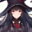 Placeholder: Clear focus,High resolution, black long fluffy hair, long fluffy bangs, red eyes, wearing a witch outfit, extreme close up, evil smile