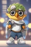 Placeholder: warrior, cute, 2D, cartoon cute male bird with white sneakers, glasses, front view, wearing a hero costume, lit bird children, 32k uhd, round,8k,HD, blue wall background