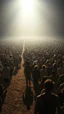 Placeholder: A field of random people in a bright lighting , at the end of the picture a huge complicated details t