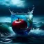 Placeholder: High quality, 8K Ultra HD, a beautiful double-exposure image made of a mixture of the stormy sea and the cup. An apple inside a cup made of crystal clear glass. High, beautiful, epic details, vibrant colors, surface details,, 4K, 8K, 64K, photography.