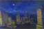 Placeholder: Night, cyberpunk buildings in the mountains, tendency to claude monet, tendency to science fiction, impressionism painting