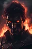 Placeholder: a close up of a dark hero with red eyes staring into a fire that once was something that mattered to him, hes not facing the screen