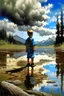 Placeholder: realistic image of a little boy, back view only , standing in a puddle of water, looking out towards mountains, forest, beautiful sky, realistic, clouds,norman rockwell art