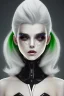 Placeholder: plauge doctor in balck leather clothes with silver hair, pale skin and bright green eyes smiling with sharp teeth, nice young face