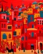 Placeholder: A cherry red village with torches designed in Moroccan rug art painted by Stuart Davis