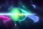 Placeholder: cosmos, metallic sky stars, sky blue light, blue light, green moons with neon rings, 8k resolution, detail