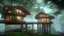 Placeholder: modern house by a big water falls in a karstic montain rain forest