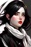 Placeholder: Digital art, high quality, masterpiece, natural illumination, high contrast, Young woman, (pale skin:1.5), (black hair:1.8), shiny hair, (straight hair:1.2), (white blouse:1.4), (black ribbon scarf:1),