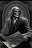 Placeholder: LINE TONE, WSJ STYLE, HEDCUT, ultra high image quality, HEAD AND SHOULDERS SHOT, Grim Reaper, WEARING A 3 PIECE SUIT, POSED FOR DOLLAR BILL PORTRAIT, , Close-up of an set against AMOLED-worthy pure black backdrop, fantasy art style infused with filter, tailored for vertical wallpaper, exclusive design with no duplicates, radiating beauty suitable for a PC screen image, vivid colors, ultra fine, digital painting, BASED ON THE UNITED STATES TREASURY NOTE ONE DOLLAR BILL