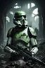 Placeholder: A haunting scene of a zombie Stormtrooper| decayed armor| eerie green (glowing eyes:1.2)| Staggering through a dark| abandoned Imperial base| (shadows:1.1) lurking in corners| Tattered remains of once pristine white armor| chilling atmosphere| (4k)| (8k)| Gruesome details| unsettling| cinematic| mysterious| captivating| spine-chilling| post-apocalyptic world