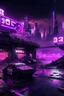 Placeholder: pos-apocalyptic cyberpunk city with destroyed buildings, a plubicity showing the number "2222", illuminated purple neon, dark, high contrast