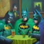 Placeholder: An oil painting of a dark universe masonic sad drunk batman convention, diferent colors batmans, green batman, orange batman, cyan batman.