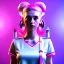 Placeholder: waitress teenager, color makeup, pink hair, hamburger with chips in tray, rounded face, shirt, vibrant color, cyberpunk style, highly detailed, art stations, concept art, smooth, unreal engine 5, god rays, ray tracing, RTX, lumen lighting, ultra detail, volumetric lighting, 3d, finely drawn, high definition, high resolution, gradient background