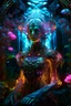 Placeholder: Princess in a dress, filigreed flowers, molten transparent glass and crystal in a magical neon forest, light elements, detailed leaves, cyberpunk flickers in the petals, light botanical, cyber art, art bionicle, cyberpunk style, 16k, 100mm lens, f/8, symmetry