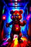 Placeholder: A maniacally laughing psycho evil teddy bear holding a knife, his one eyeball (made of a button and thread) hangs down his furry face, creepy, nightmarish, scary and surreal, the background is a bloody hallway erupted with bright multi-color flames, animatronic, cartoonist, absurdist, exaggerated, character design, horror cut v.I, horror art, five nights at Freddy, similar art to chucky, garbage art, graphic novel illustration style, videogame art, post modern cartoon, trending on artstation, Ka