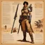 Placeholder: character concept sheet with AD&D statistics and characteristics, [high res photo by Norman Rockwell for Dune module B3] a female version of Mad Max in Dune stillsuit as a Tusken Sand People, holding a rifle ,in a full body dynamic pose