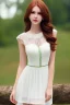 Placeholder: full shot body of Woman portrait with fairly pale skin , green eyes, long auburn hair, and wearing a pretty lace dress . Her outfit is a sexy dress , nice sport shoes. country side ,small lake with a hose in side,