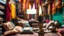Placeholder: black flame in an antique candlestick, which is in front of an oriental background, oriental colors and objects, in the background blur pillows on the floor, and colorful scarves hanging from the ceiling, the sharp focus is on the black flame, high realistic photo