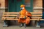 Placeholder: Half parrot half human in a 1700s Orange Dutch uniform siting on a bench in a Dutch city eating a loaf of bread