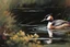 Placeholder: Masterpiece, best quality, Brent Heighton style painting of a great crested grebe, swimming in a ditch, painted by Brent Heighton