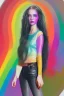 Placeholder: Beautiful perfect perfectly centered photorealistic lady crayon on pastel paper long hair, shiny metallic silver hair, rainbow cropped top t-shirt full-body portrait by Greg Rutkowski, medium shot