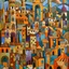 Placeholder: An abstract geometric painting depicting a landscape of an ancient medieval city with castles, towers, churches, vaults, culverts and bells in a very stylized and cubist way. The composition consists of various shapes, forms and geometric elements arranged to create the impression of buildings, structures and architectural elements in an urban landscape. The shapes and forms used in the painting are a combination of straight lines, angles, curves and circles, creating a sense of rhythm and mo