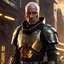 Placeholder: star wars bald male corellian pilot wearing pearlescent black and gunmetal grey First Order special forces heavy assault stealth commando armor and helmet with gold trim inside the jedi temple, hyperdetailed, dynamic lighting, hyperdetailed background, 8k resolution, volumetric lighting, light skin, fully symmetric details