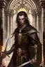 Placeholder: full length, mantle, black cloth, long spear in left hand, dark green eyes, the character is not too close to the camera, background dark hall with columns,