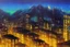 Placeholder: Night, cyberpunk buildings in the mountains, tendency to science fiction, impressionism painting