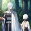 Placeholder: Girl with white hair wearing white robes and a blindfold. Boy with black hair wearing old leather armor. Forest path background