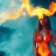 Placeholder: woman made of fire, full face, fire angel, hair made of fire, hair covering breasts, fire all around, only wearing bikini made of fire, extremely detailed, photo style, style of photo, lava background