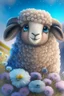 Placeholder: Happy and cute scottish mountain sheep with dreamy sparkling eyes, 4K resolution quality, sitting and holding flower, nursery art, very beautiful and highly polished, with perfect detail, smooth edges, soft hair, flawless facial features , stunning, whimsical fantasy, beautiful, detailed, well rendered, cartoon, illustration