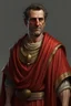 Placeholder: A Roman Clerk dressed in a red toga looking at the camera. In the style of Fallout 1 character.