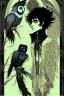 Placeholder: black haired young man necromancer wizard with gothic jewelry and Feathery owl-like hair, has the lower legs of an owl, in the style of Harry Clarke