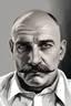 Placeholder: Cat's eyes. Oil portrait style. Dark palette. Waist-high. A man of 40 years old. Bald. Huge black mustache. White shirt