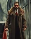 Placeholder: a young man with big muscles who looks like hans gruber wearing a heavy coat and red sunglasses staring with an irritated look on his face