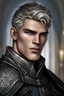 Placeholder: {{Man}}, Male, Olive Skin Tone, Short Hair, Silver Hair, Adult, Alan Ritchson, {{Blue Eyes}}, Black Cloth Medieval Attire, Digital Art