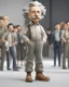 Placeholder: 4D cartoon with big head, ultra-realistic details of Albert Einstein dressed in a plain gray long-sleeved shirt, cargo pants, cream-colored boots, hands in pockets, white background