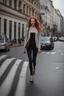 Placeholder: slim redhead woman walking across a busy street