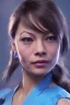 Placeholder: kristin kreuk face, street fighter blue chun li clothes, portrait busty and face, wearing blue dress, light effects, particles,