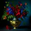 Placeholder: Flowers in midnight blue flowers, red flowers and green leaves in a gold vase. Light background